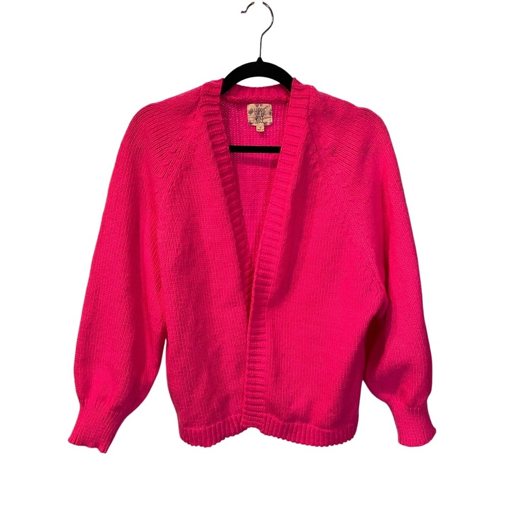 Hippie Rose Pink Knit Cardigan Sweater Women's Size L Balloon Sleeve